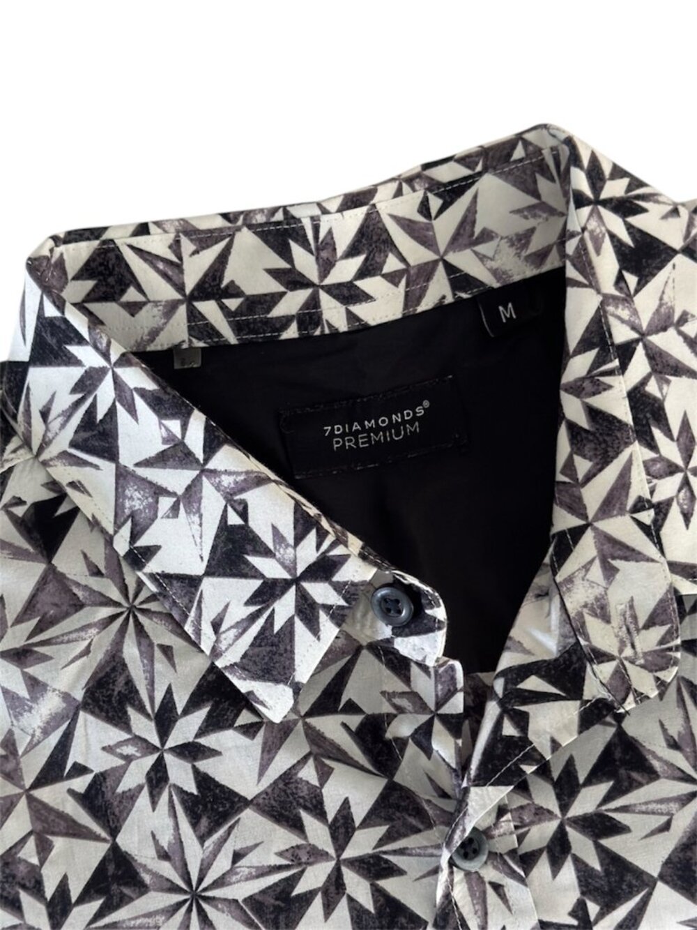 7 Diamonds Mens Button Down Shirt Medium Black White Geometric AOP Short Sleeve